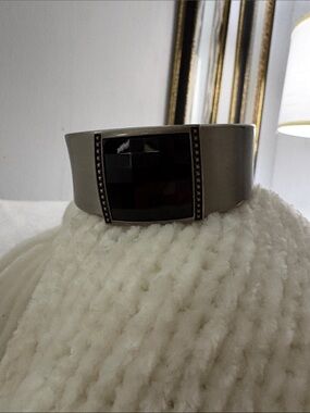 Vintage Gray Metal Cuff Bracelet with Black Centerstone